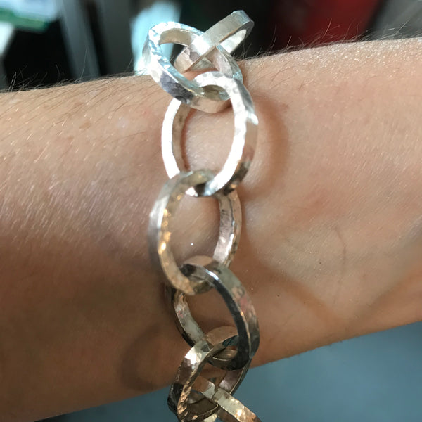 Silver Handmade Hammered Bracelet with T-Bar Catch