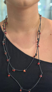 Red Pearl & Black leather wrap necklace