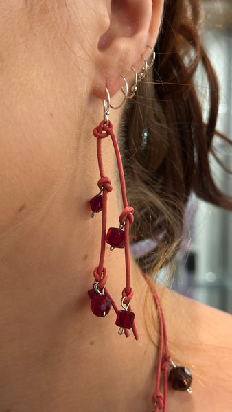 Red Crystal & Dusky Pink Leather Wrap Necklace & Earring Set