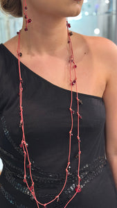 Red Crystal & Dusky Pink Leather Wrap Necklace & Earring Set