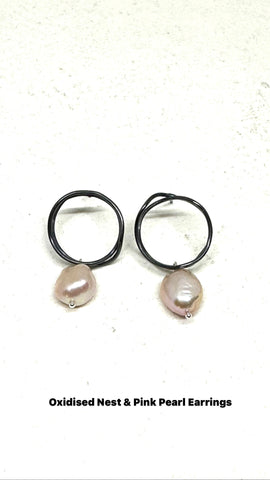 Oxidised Nest & Pink Pearl Earrings